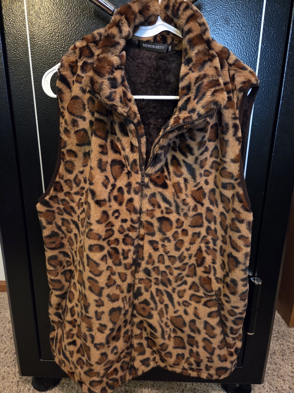 MEROKEETY Leopard Print Faux Fur Zip Vest - Brown/Tan